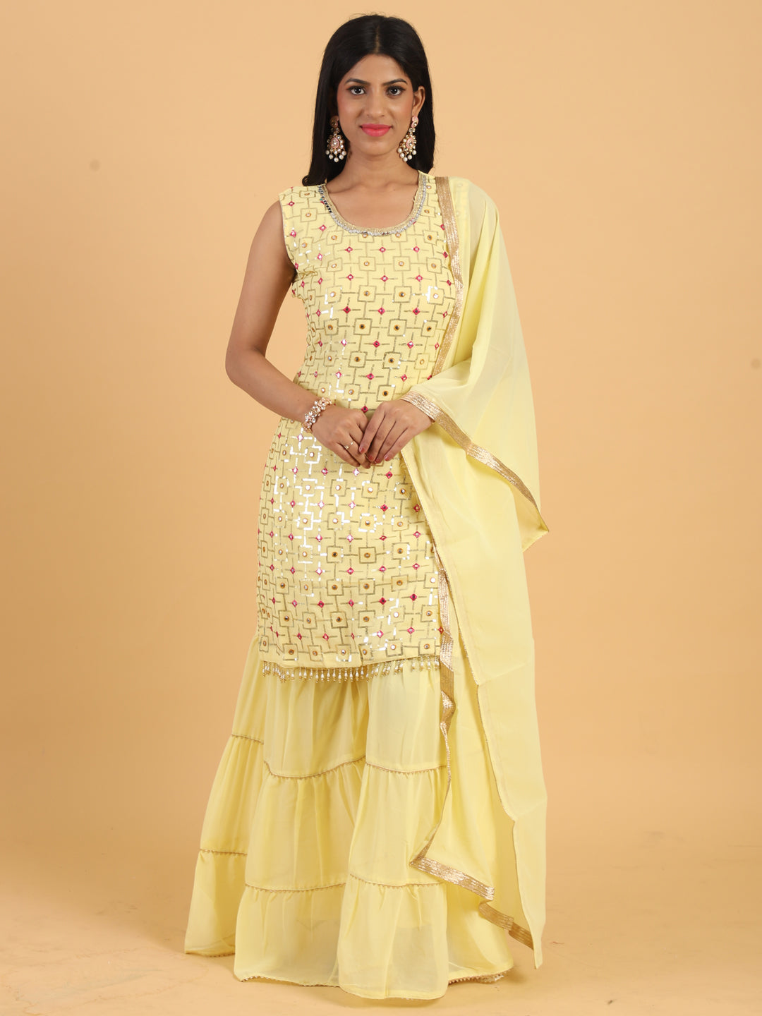 Yellow Resham & Sequin Embellished Georgette Kurta Sharara Dupatta Set