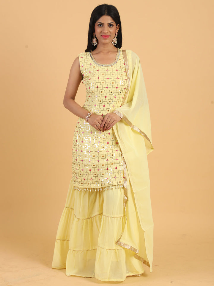 Yellow Resham & Sequin Embellished Georgette Kurta Sharara Dupatta Set