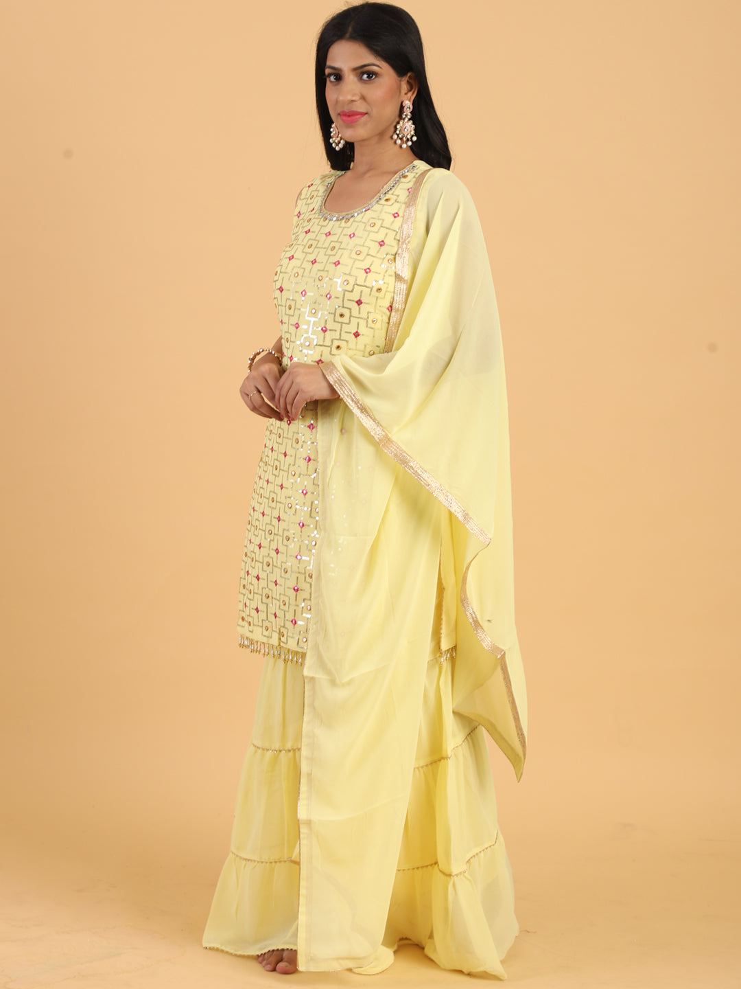 Yellow Resham & Sequin Embellished Georgette Kurta Sharara Dupatta Set