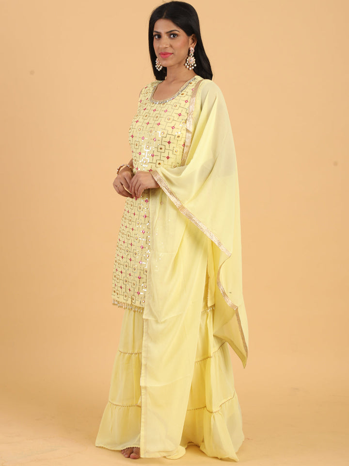 Yellow Resham & Sequin Embellished Georgette Kurta Sharara Dupatta Set
