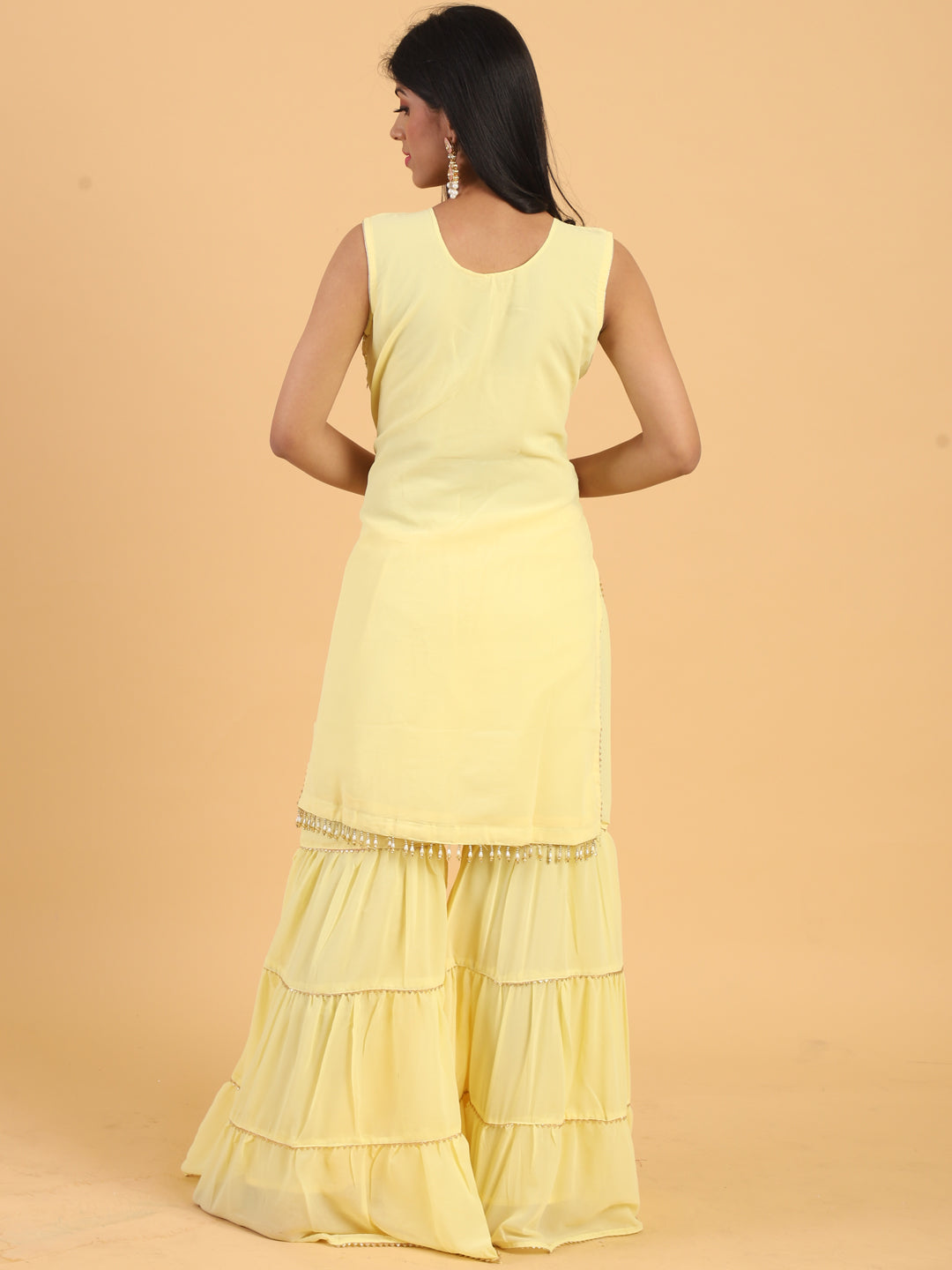 Yellow Resham & Sequin Embellished Georgette Kurta Sharara Dupatta Set