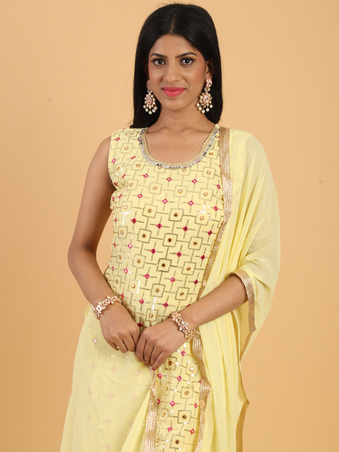 Yellow Resham & Sequin Embellished Georgette Kurta Sharara Dupatta Set