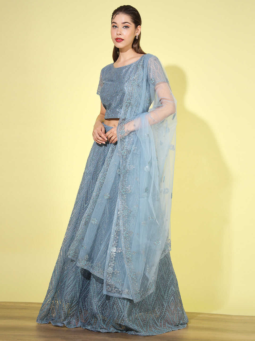 Pastel Chevron Net Lehenga Choli with Scalloped Dupatta