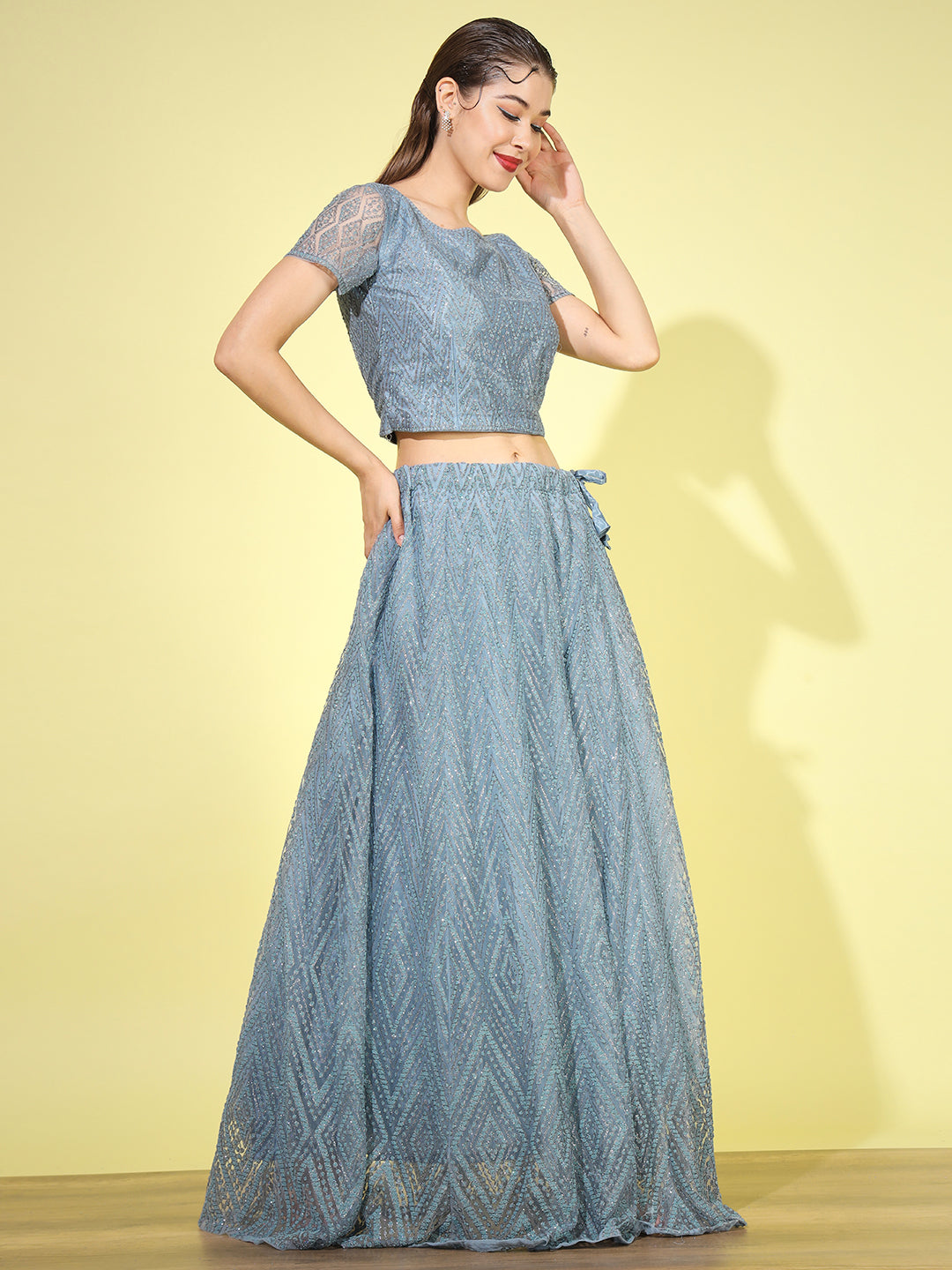 Pastel Chevron Net Lehenga Choli with Scalloped Dupatta