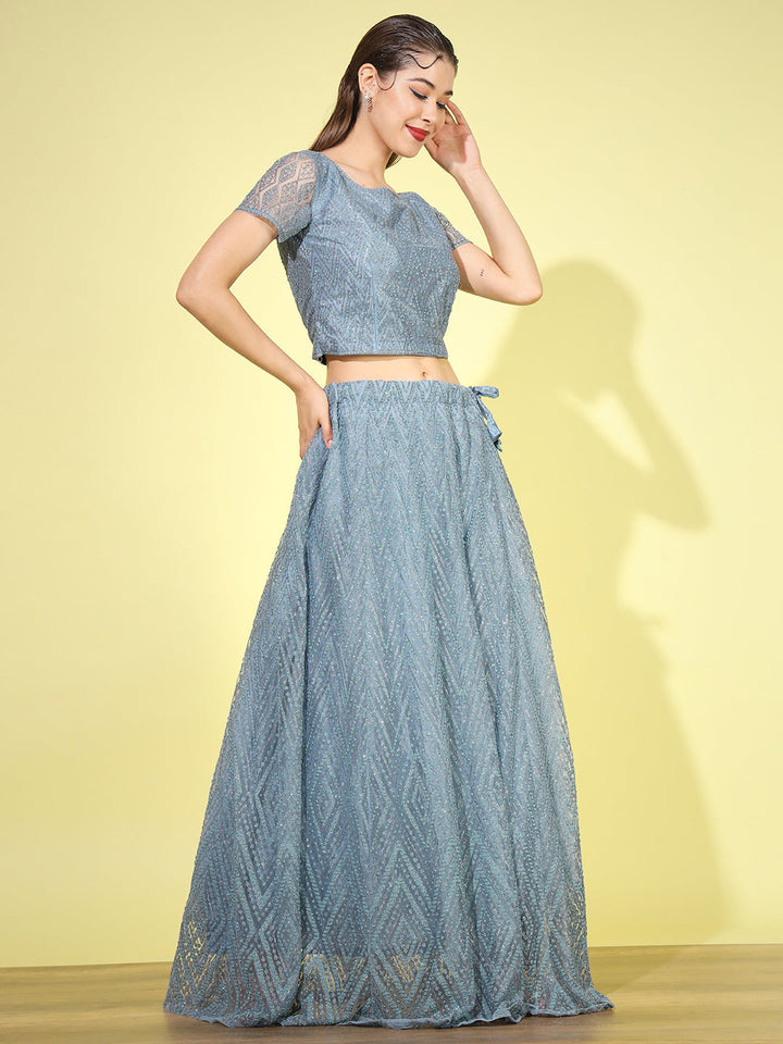 Pastel Chevron Net Lehenga Choli with Scalloped Dupatta