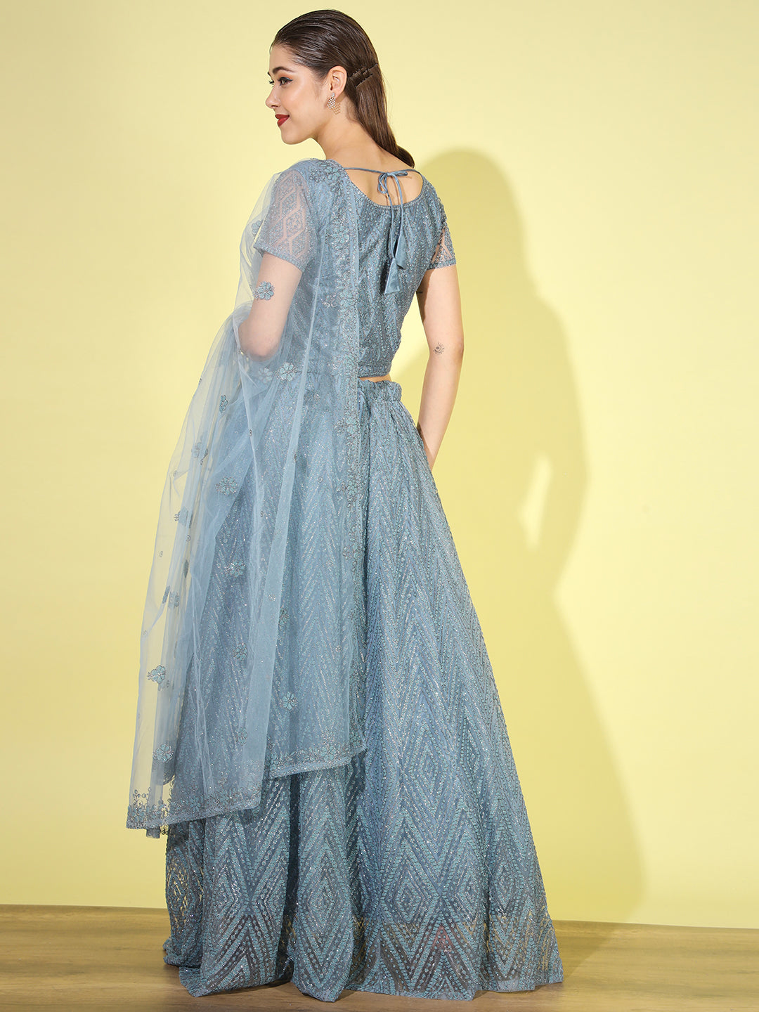 Pastel Chevron Net Lehenga Choli with Scalloped Dupatta