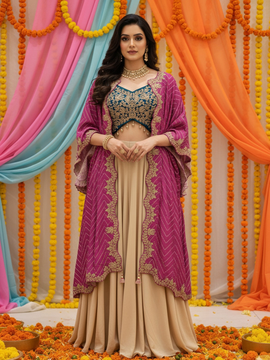 Zari Embroidered Tasseled Crop Top with Draped Skirt and Leheriya Print Scalloped Cape