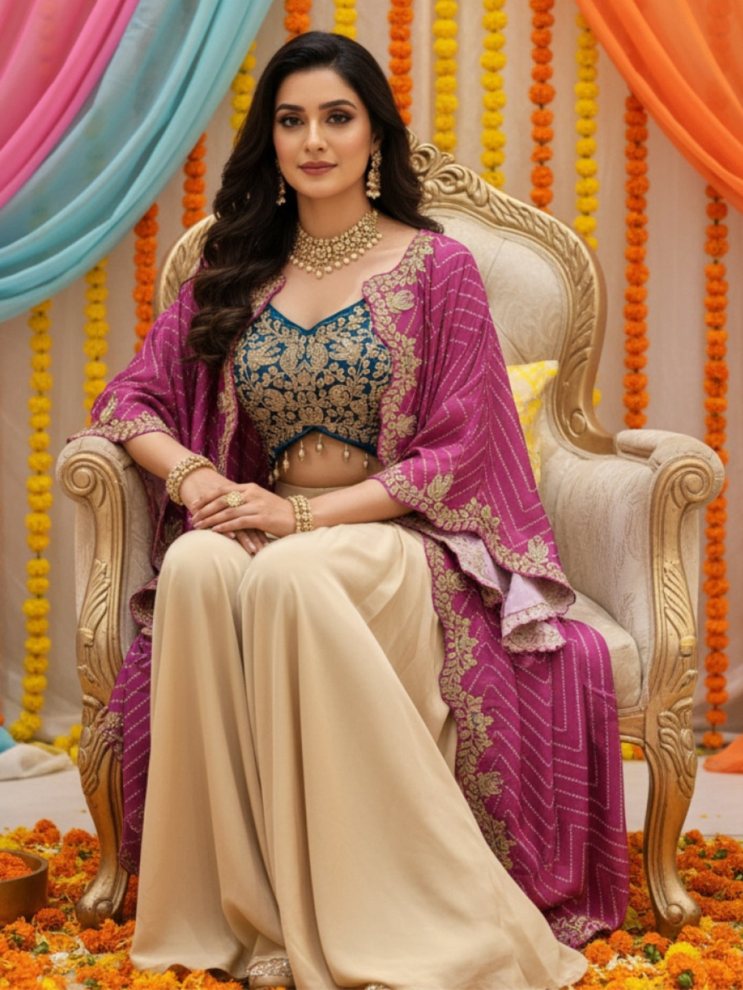 Zari Embroidered Tasseled Crop Top with Draped Skirt and Leheriya Print Scalloped Cape