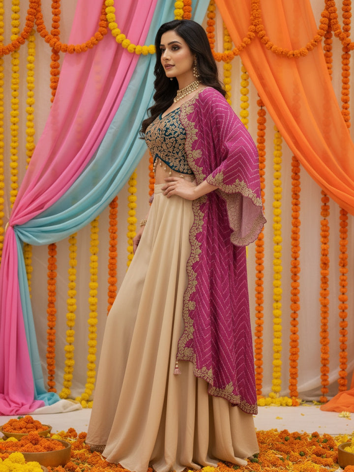 Zari Embroidered Tasseled Crop Top with Draped Skirt and Leheriya Print Scalloped Cape