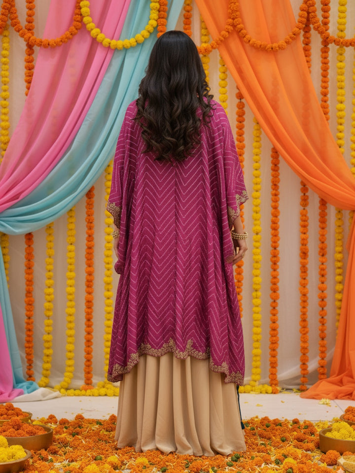 Zari Embroidered Tasseled Crop Top with Draped Skirt and Leheriya Print Scalloped Cape