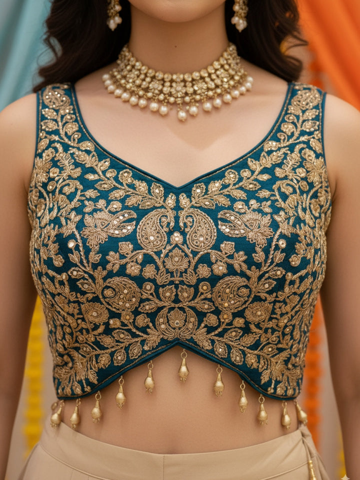 Zari Embroidered Tasseled Crop Top with Draped Skirt and Leheriya Print Scalloped Cape