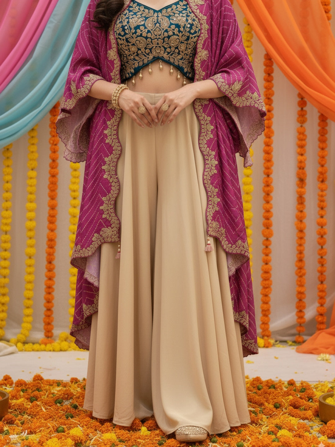 Zari Embroidered Tasseled Crop Top with Draped Skirt and Leheriya Print Scalloped Cape