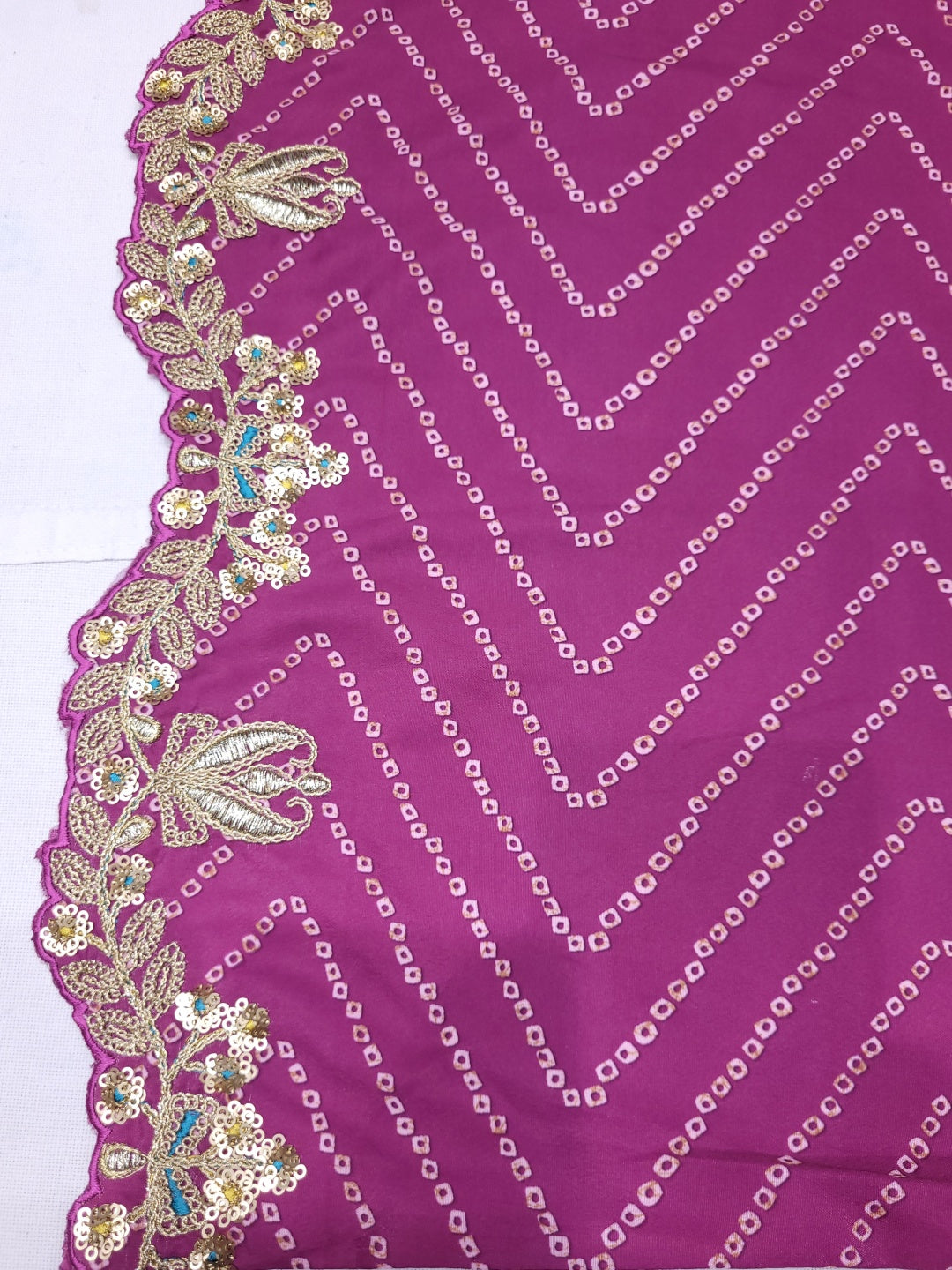 Zari Embroidered Tasseled Crop Top with Draped Skirt and Leheriya Print Scalloped Cape