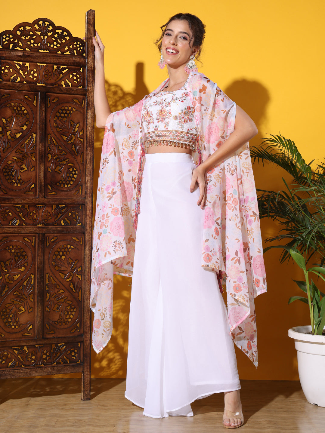 Indo-western Co-ord set with Sequin Embroidery Tasseled Blouse & DIgital Print Jacket
