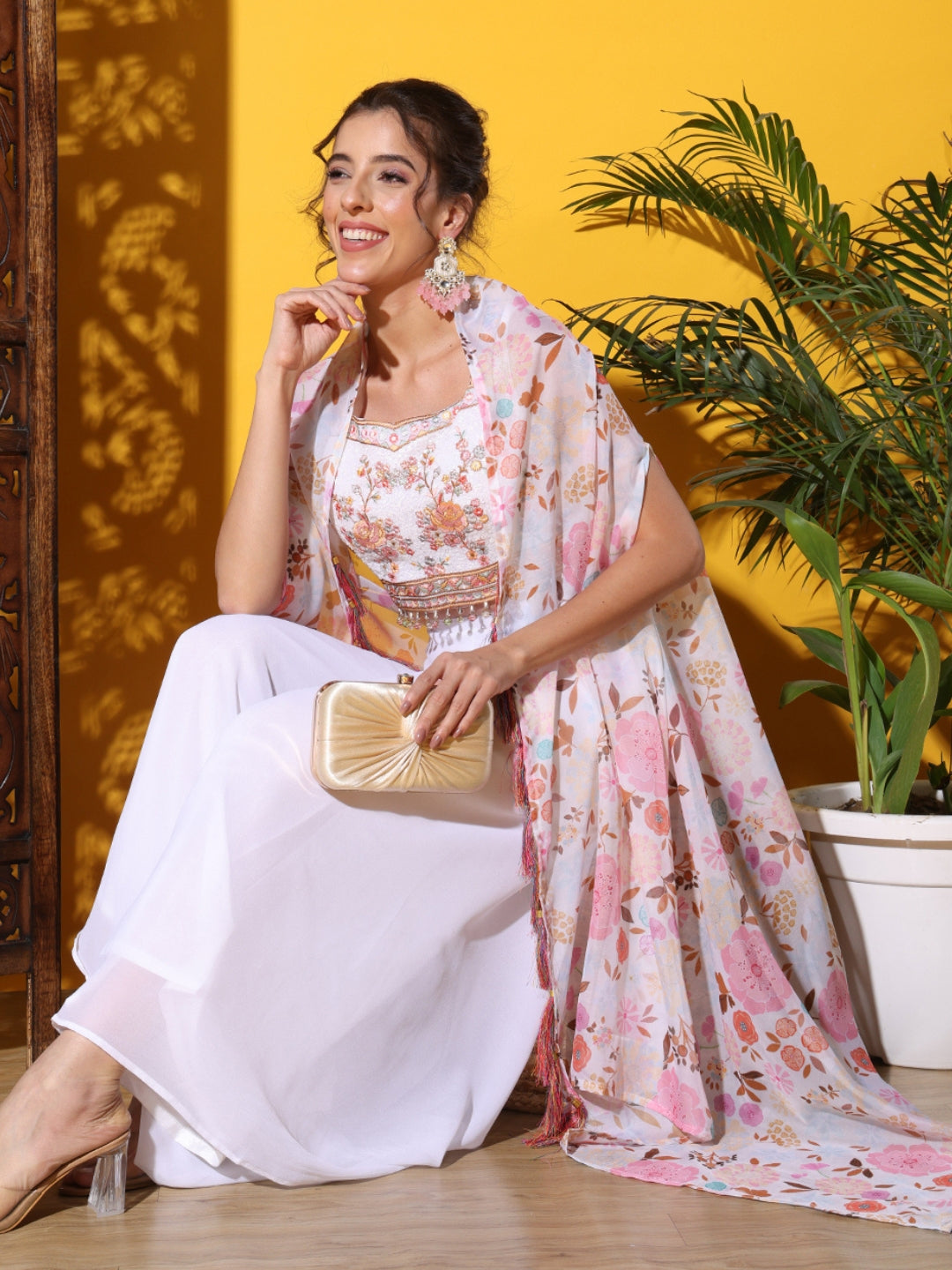 Indo-western Co-ord set with Sequin Embroidery Tasseled Blouse & DIgital Print Jacket