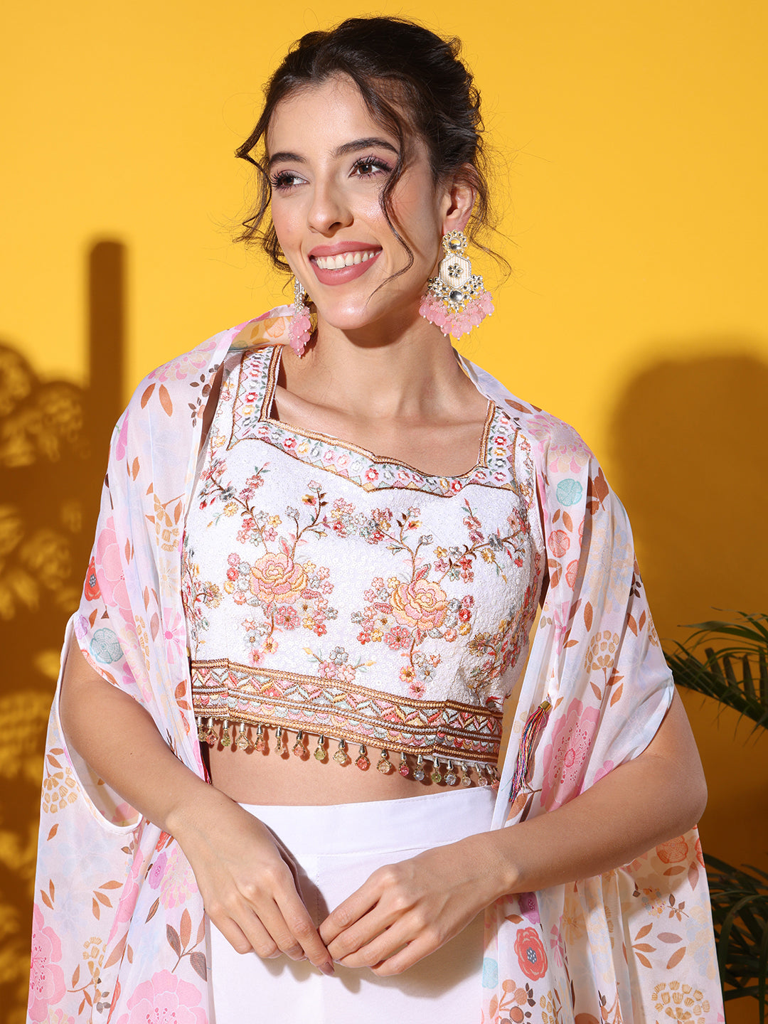Indo-western Co-ord set with Sequin Embroidery Tasseled Blouse & DIgital Print Jacket