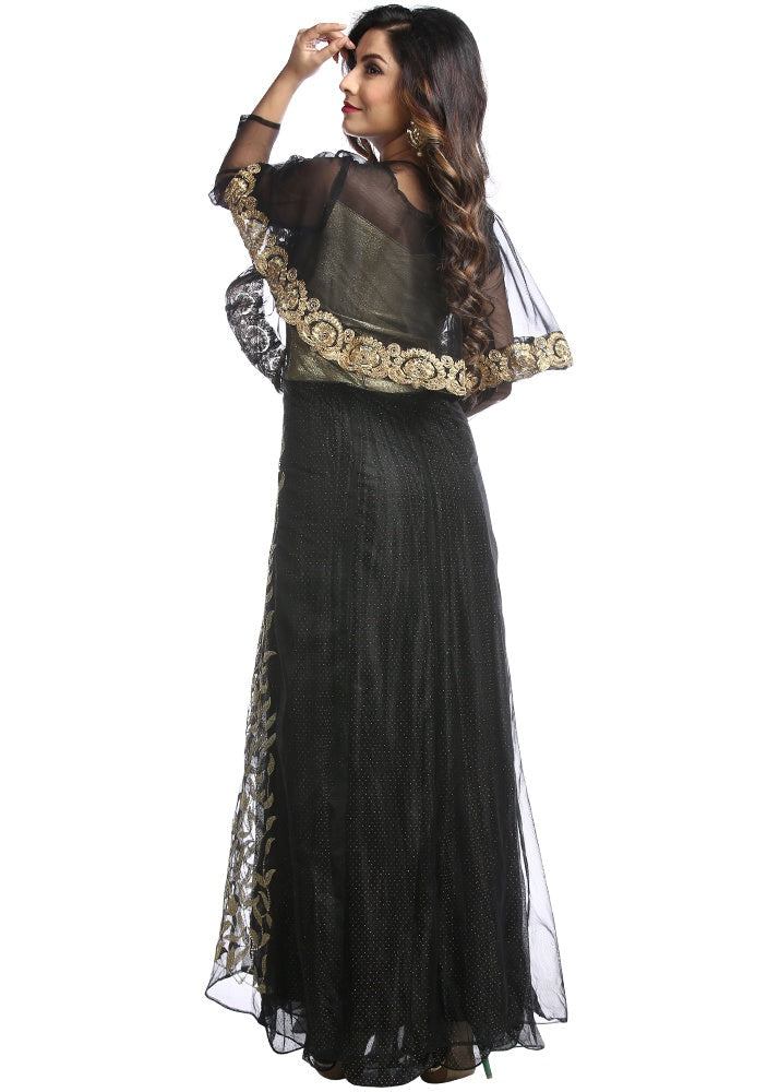 Black Coloured Embroidered Georgette Semi Stictched Dress Material