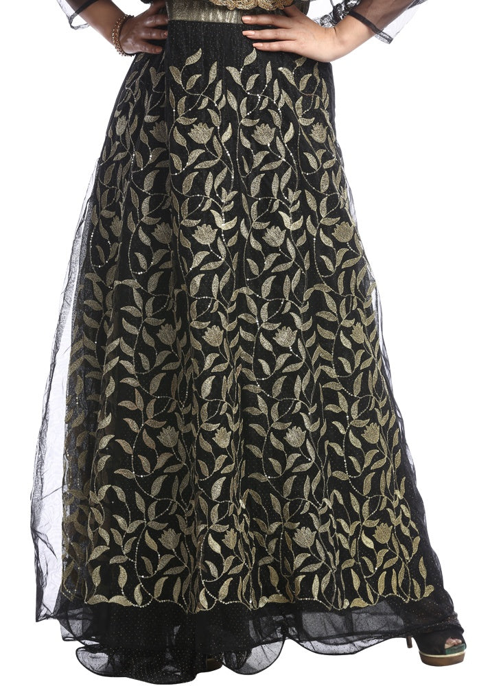 Black Coloured Embroidered Georgette Semi Stictched Dress Material