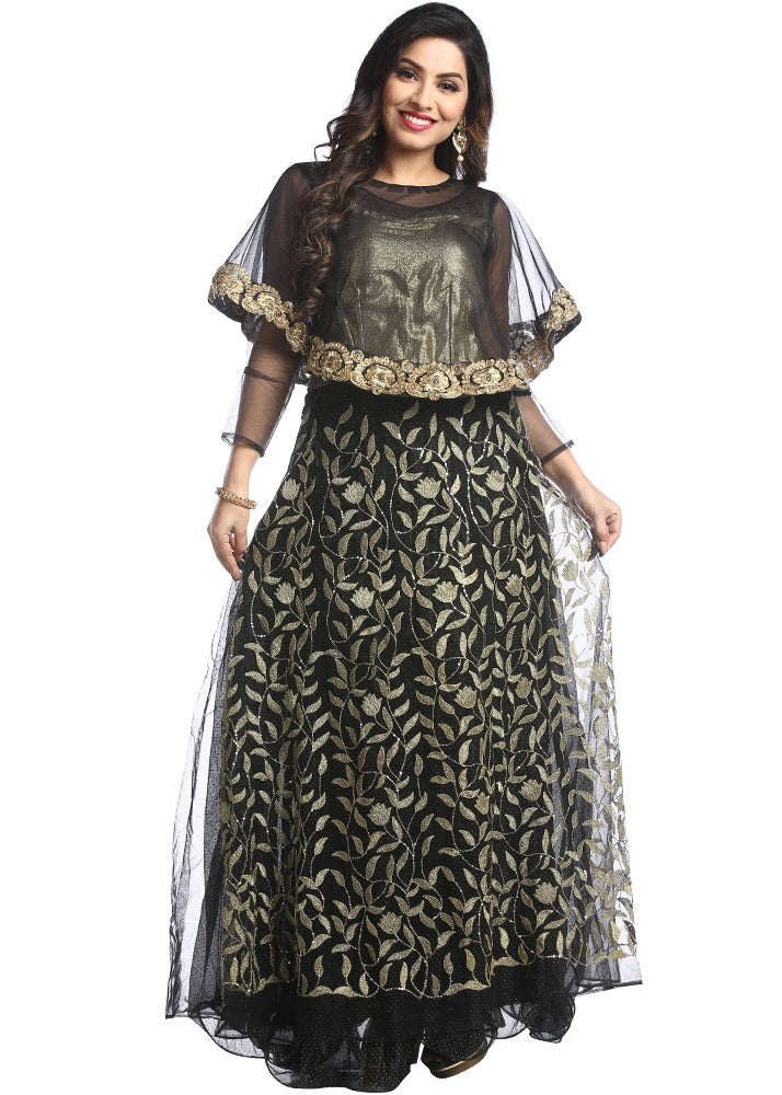 Black Coloured Embroidered Georgette Semi Stictched Dress Material