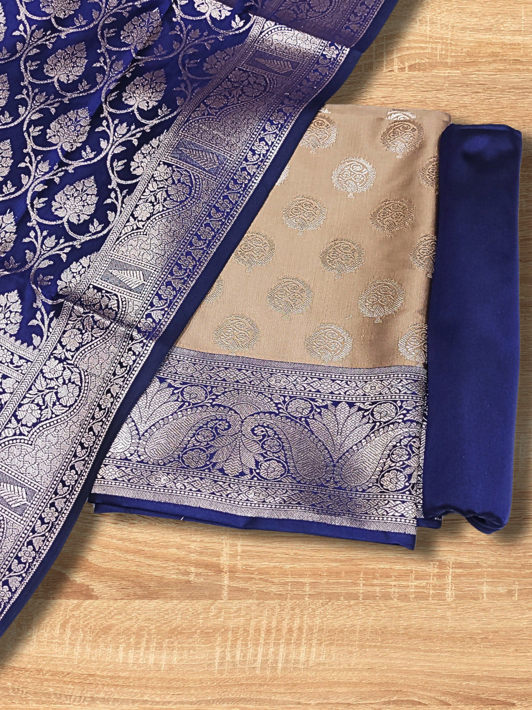 Banarasi Handloom Dress Material with Contrast color Handloom weaving & Tasseled Dupatta