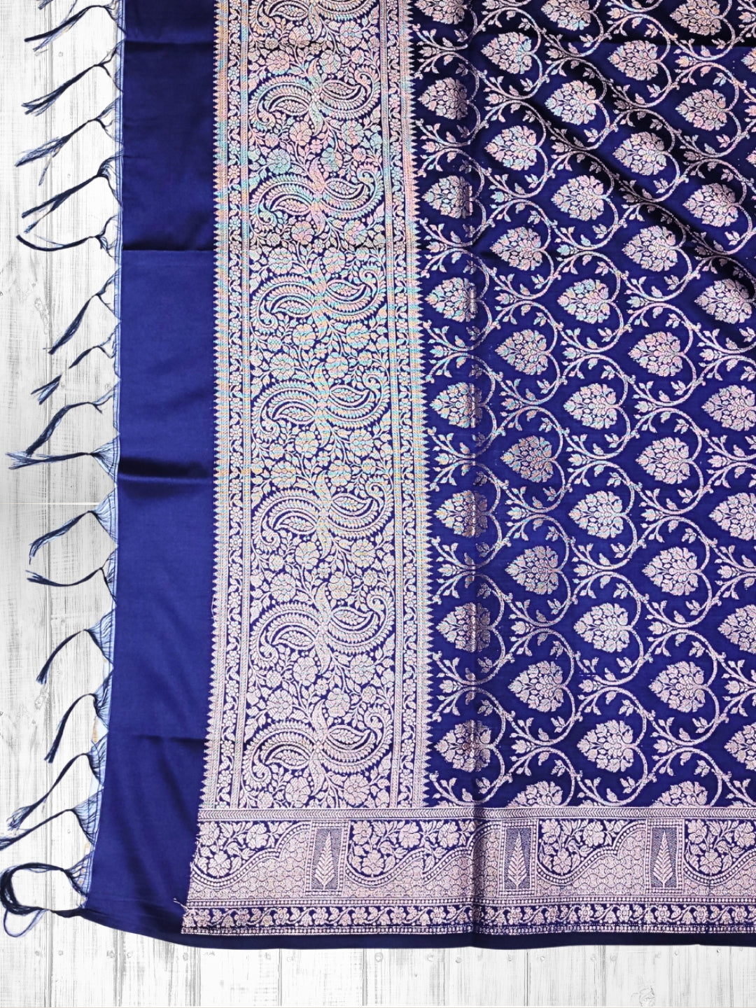 Banarasi Handloom Dress Material with Contrast color Handloom weaving & Tasseled Dupatta