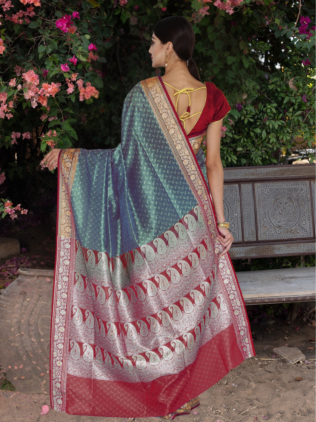 Peacock Blue Banarasi Silk saree with Zari Woven paisleys and Rich Contrast Border