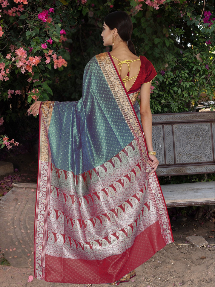 Peacock Blue Banarasi Silk saree with Zari Woven paisleys and Rich Contrast Border