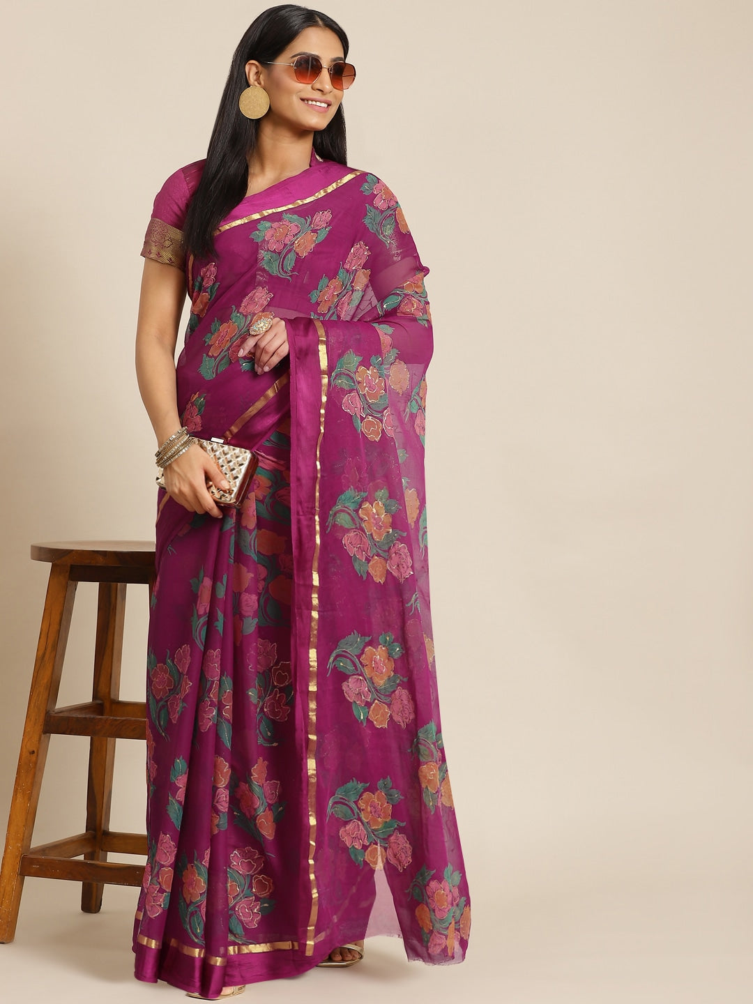 Burgundy Floral Digital Printed & Glitter Embellished Chiffon Saree