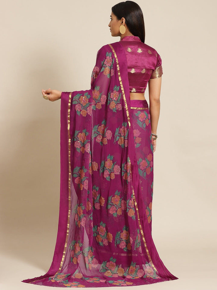 Burgundy Floral Digital Printed & Glitter Embellished Chiffon Saree