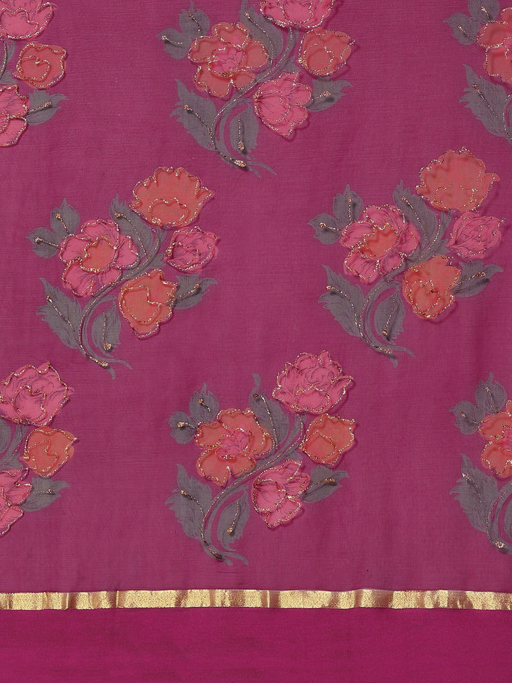 Burgundy Floral Digital Printed & Glitter Embellished Chiffon Saree