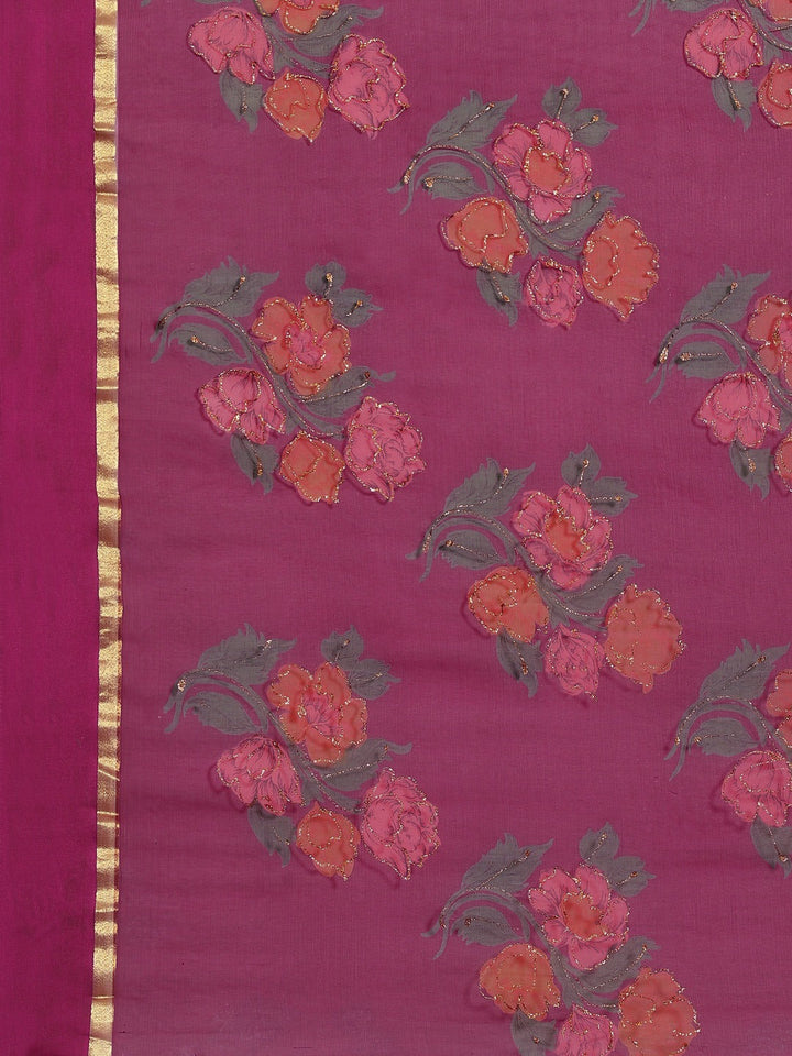 Burgundy Floral Digital Printed & Glitter Embellished Chiffon Saree