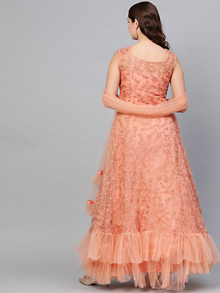 Embroidered Cocktail Gown with Ruffled Hemline