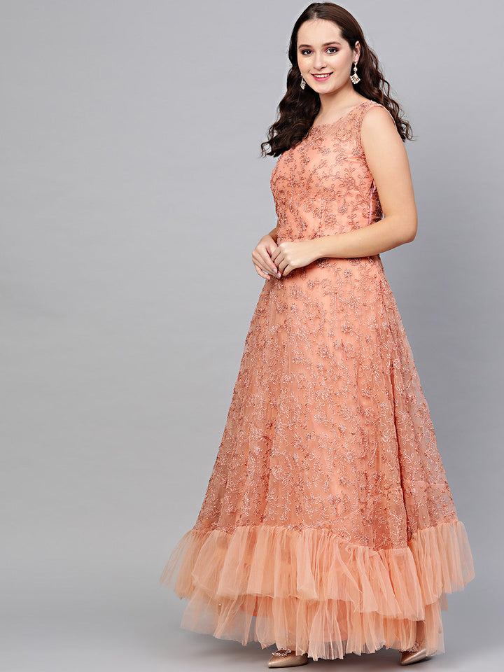 Embroidered Cocktail Gown with Ruffled Hemline