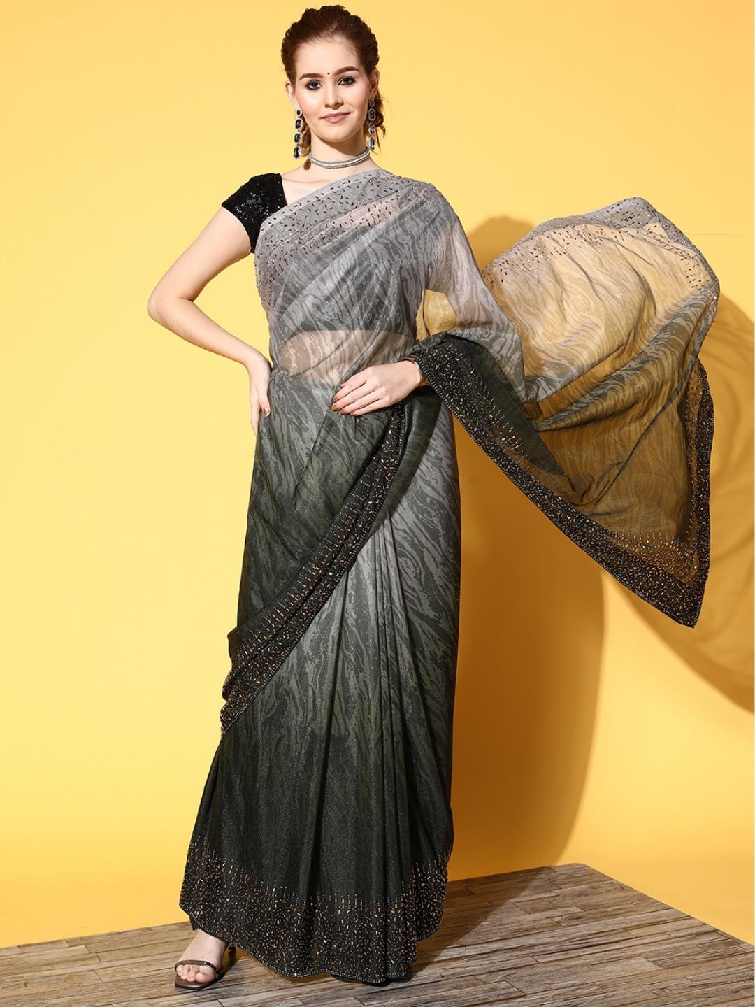 Green Ombre Shimmer Georgette Cocktail Saree With Crystal Border