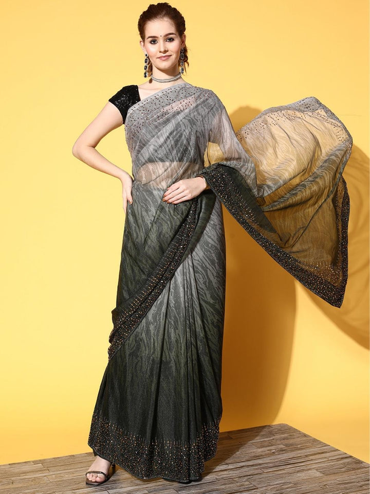 Green Ombre Shimmer Georgette Cocktail Saree With Crystal Border