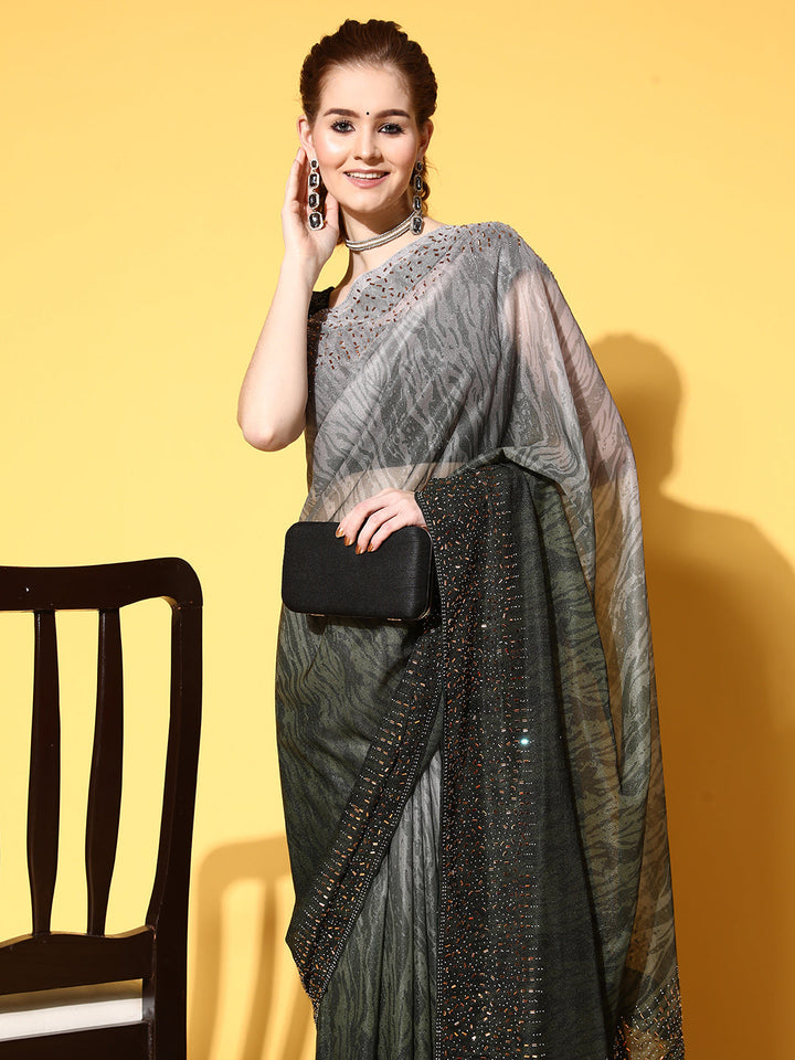 Green Ombre Shimmer Georgette Cocktail Saree With Crystal Border