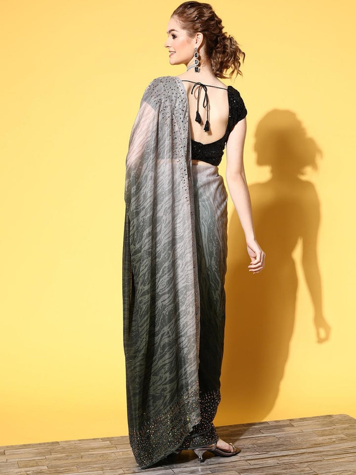 Green Ombre Shimmer Georgette Cocktail Saree With Crystal Border