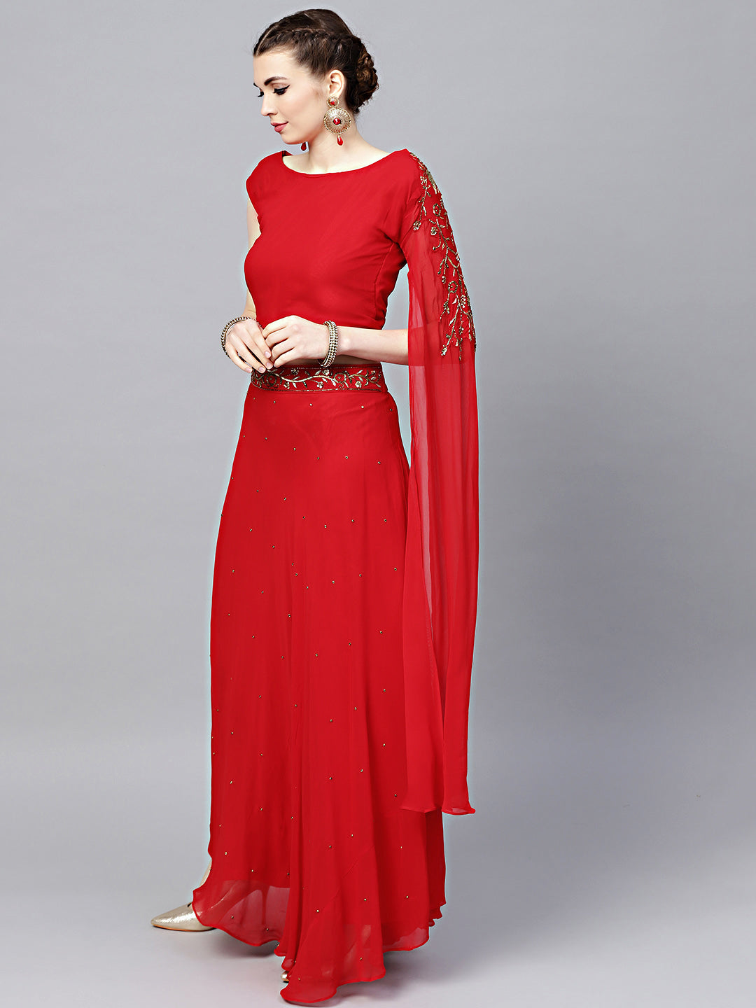 Embellished Crop-top Skirt Set with Asymmetrical One-sided Sleeve