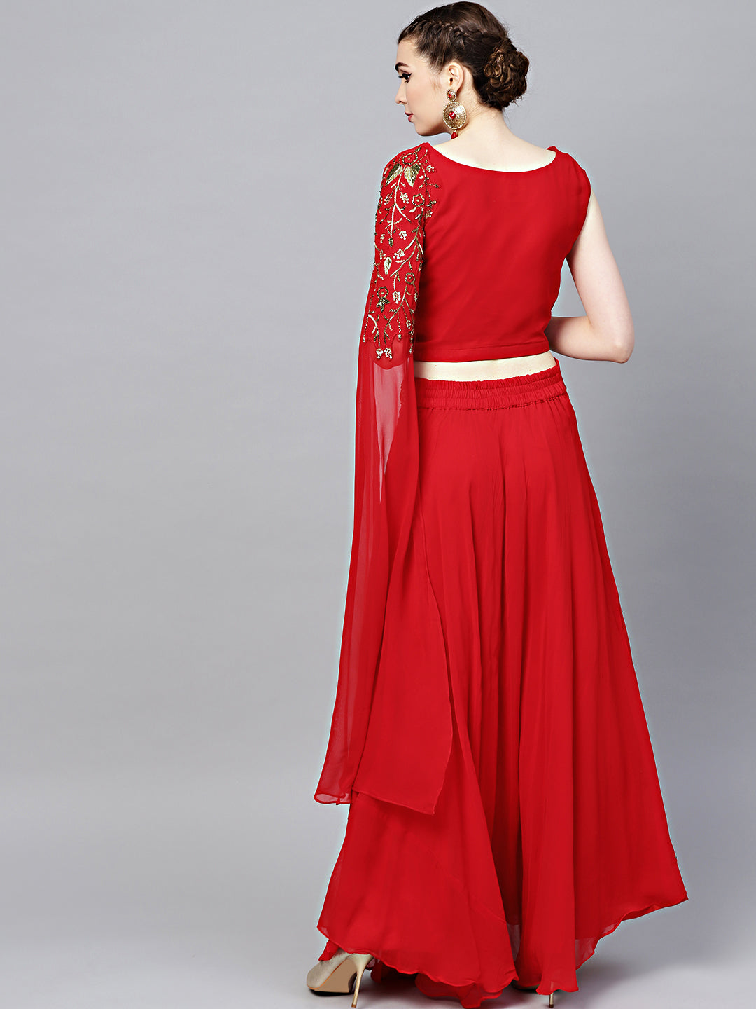 Embellished Crop-top Skirt Set with Asymmetrical One-sided Sleeve