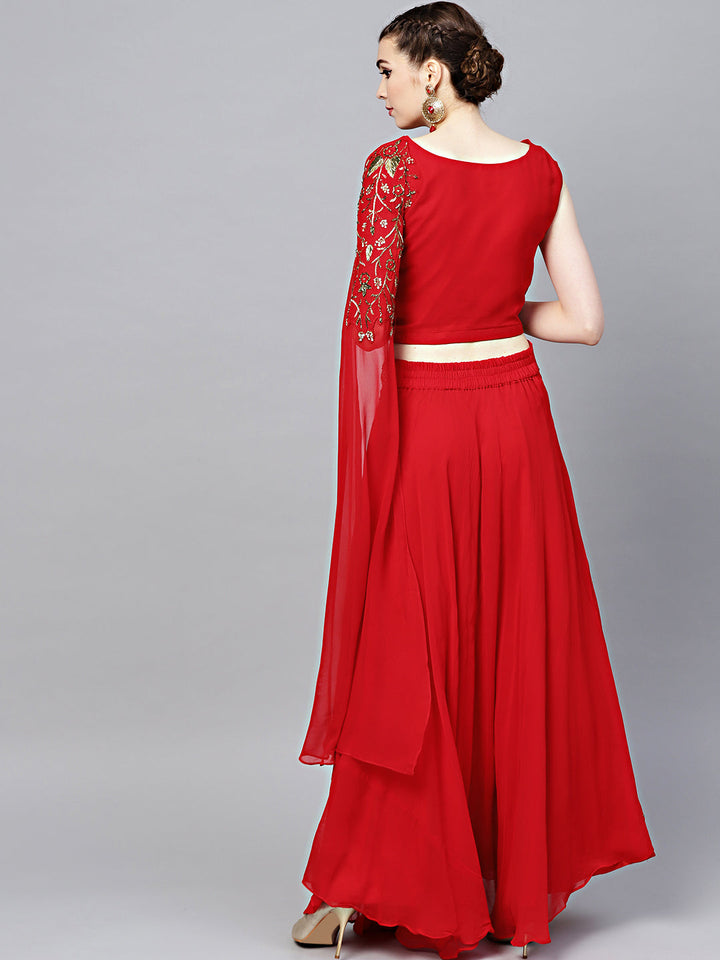 Embellished Crop-top Skirt Set with Asymmetrical One-sided Sleeve