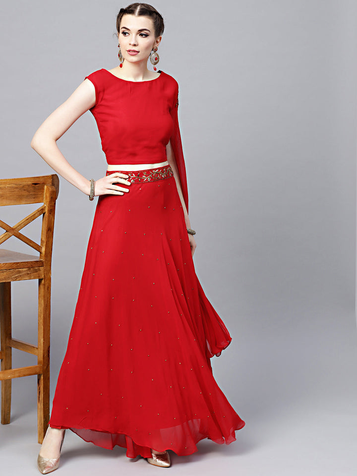 Embellished Crop-top Skirt Set with Asymmetrical One-sided Sleeve