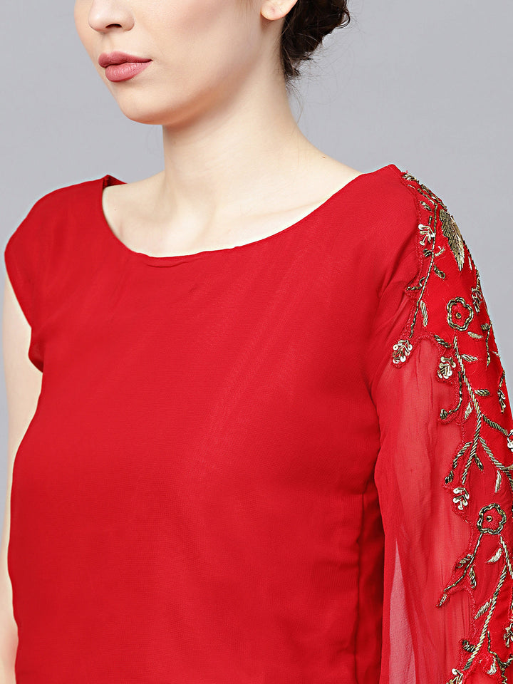 Embellished Crop-top Skirt Set with Asymmetrical One-sided Sleeve