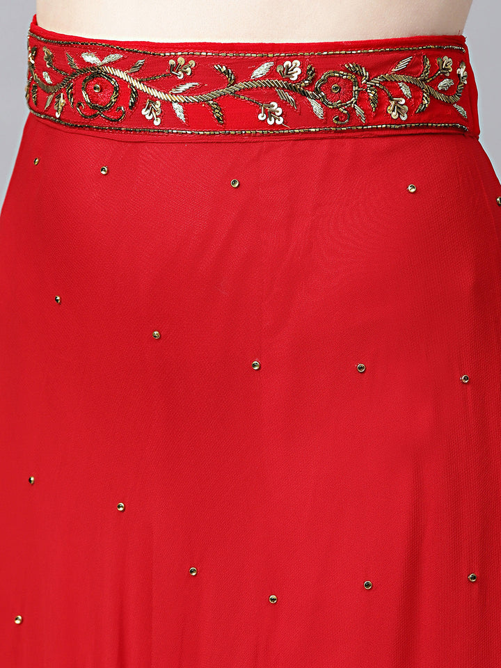 Embellished Crop-top Skirt Set with Asymmetrical One-sided Sleeve