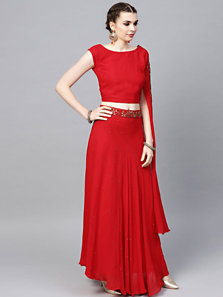 Embellished Crop-top Skirt Set with Asymmetrical One-sided Sleeve