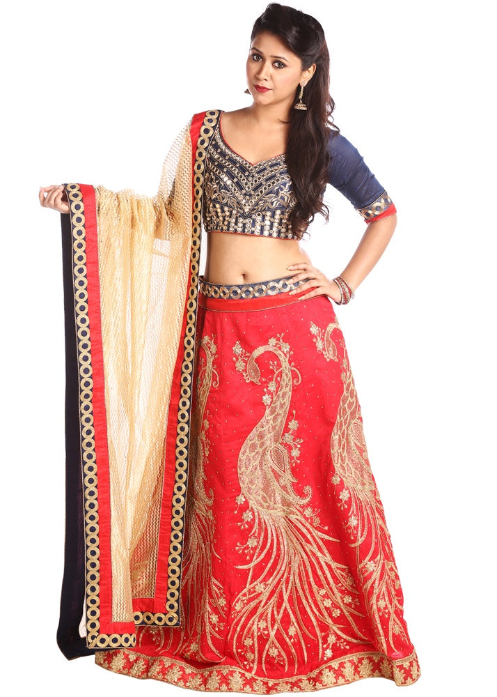 Red & Blue Art Silk Embroidered with Satin Inner Lehenga with Contrast Blouse & Net Dupatta