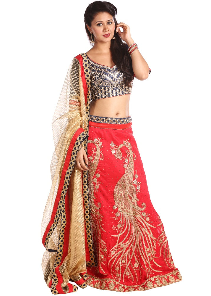 Red & Blue Art Silk Embroidered with Satin Inner Lehenga with Contrast Blouse & Net Dupatta