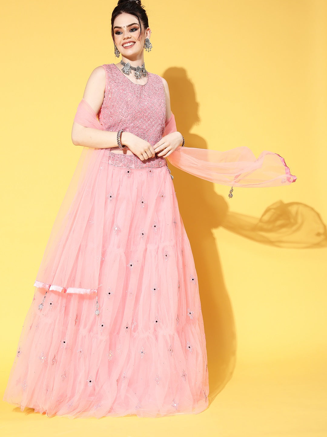 Pastel Pink Mirror and Resham Embroidered Lehanga Choli Set