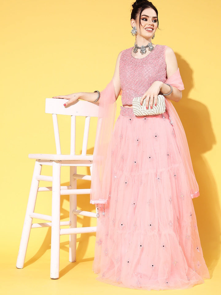 Pastel Pink Mirror and Resham Embroidered Lehanga Choli Set