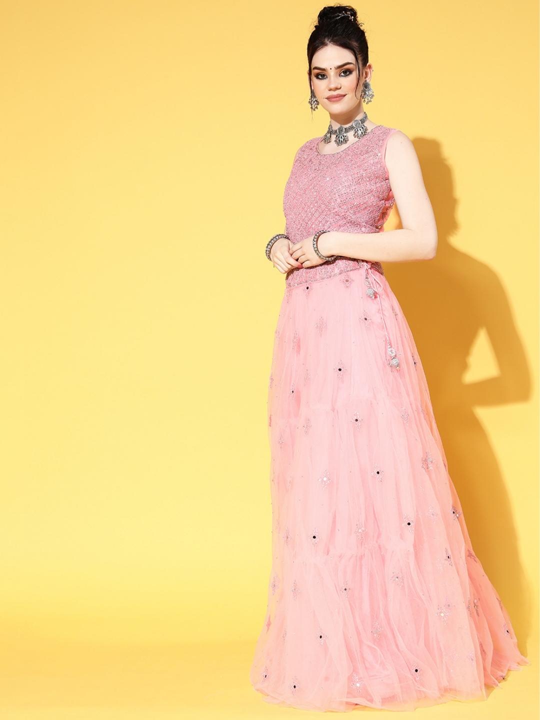 Pastel Pink Mirror and Resham Embroidered Lehanga Choli Set