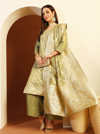Chhabra 555 Zari Woven Sequinned Straight Suit with Zardozi Embroidery & Tasseled Chanderi Dupatta